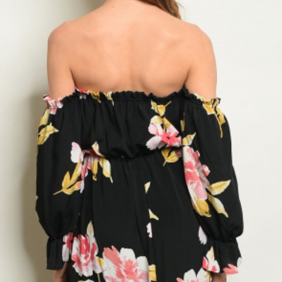 BLACK FLORAL OFF SHOULDER MAXI DRESS - Picture 2 of 8